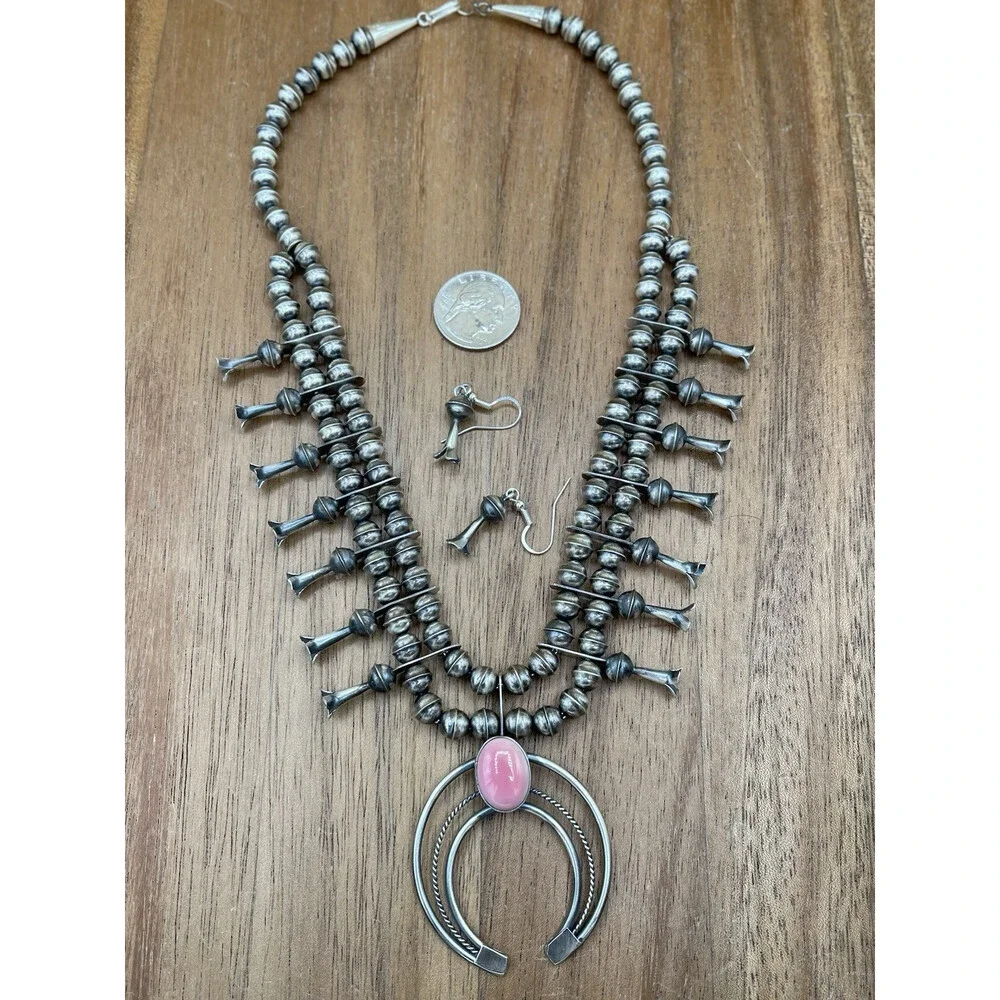 Native American Navajo Handmade Sterling Silver Pink Conch Squash Blossom 18” - Picture 4 of 8